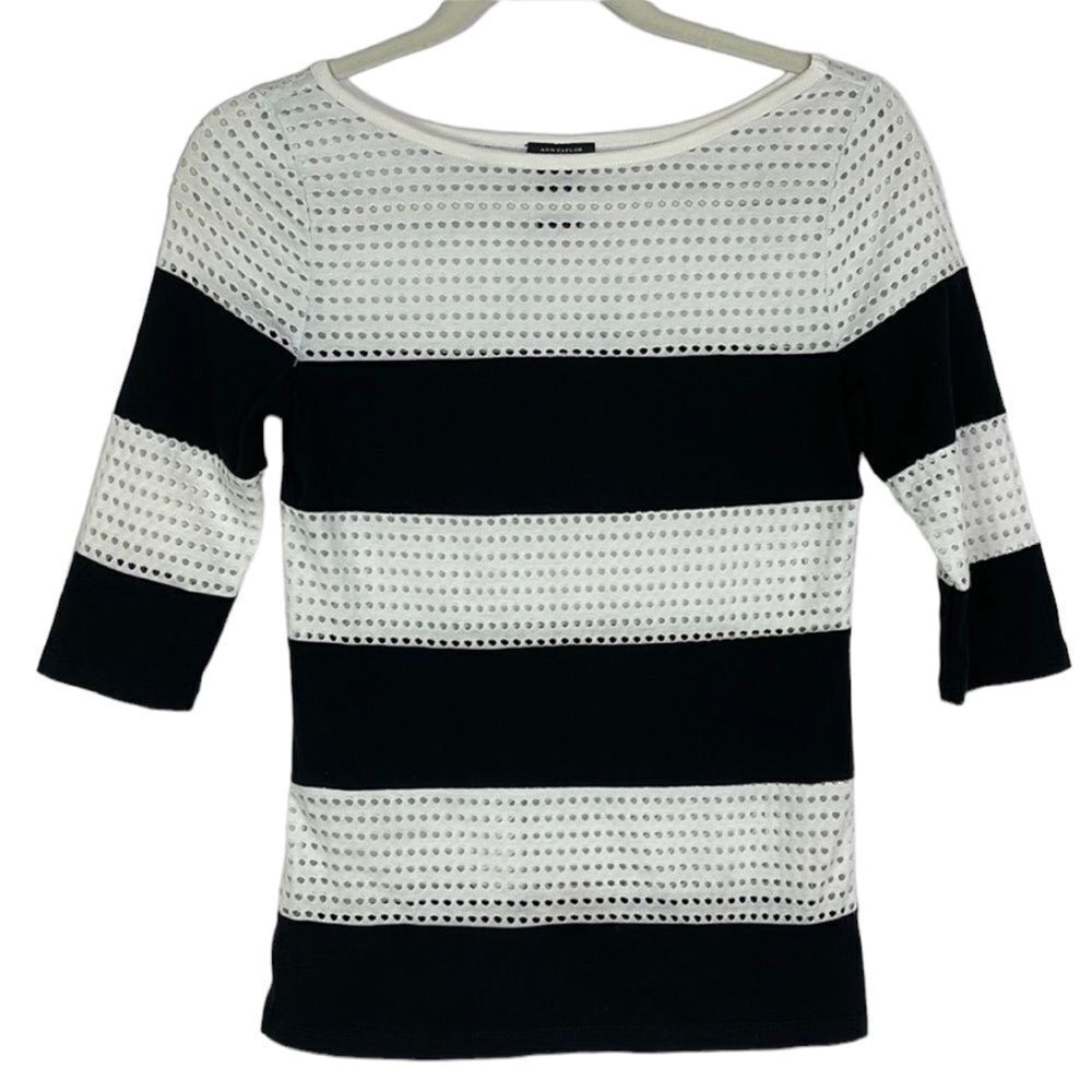 Ann Taylor Factory Striped Elbow-Sleeve Top, Perforated, XS Petite, Black/White